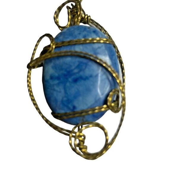 Vintage Blue Gemstone Cabochon Pendant Wire Wrapped 2" x 2" - Picture 3 of 7
